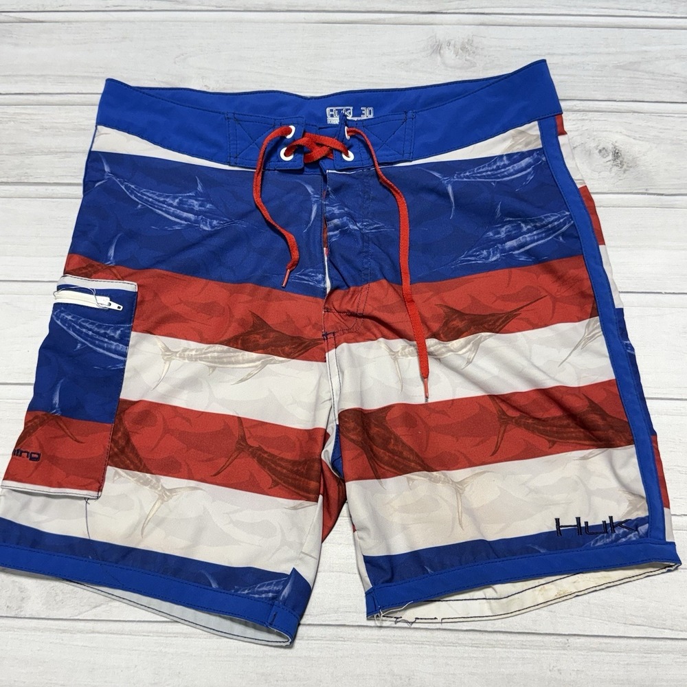 Huk Performance Fishing Shorts Mens 30 Blue Patriotic American Flag Marlin